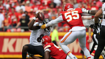 KANSAS CITY, MO - SEPTEMBER 22: Kansas City Chiefs defensive end Chris Jones (95) sacks Baltimore Ravens quarterback Lamar Jackson (8) in the second quarter of an AFC matchup between the Baltimore Ravens and Kansas City Chiefs on September 22, 2019 at Arrowhead Stadium in Kansas City, MO. (Photo by Scott Winters/Icon Sportswire via Getty Images)