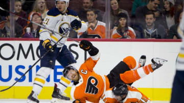 PHILADELPHIA, PA - JANUARY 07: Philadelphia Flyers Left Wing Claude Giroux (28) falls over Right Wing Travis Konecny (11) in the third period during the game between the Buffalo Sabres and Philadelphia Flyers on January 07, 2018 at Wells Fargo Center in Philadelphia, PA. (Photo by Kyle Ross/Icon Sportswire via Getty Images)