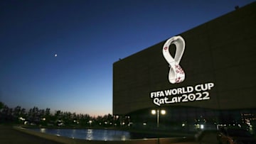 The Fifa World Cup Qatar 2022 logo is projected on the facade of the Algiers Opera House in the Algerian capital on September 3, 2019. (Photo by - / AFP) (Photo credit should read -/AFP via Getty Images)