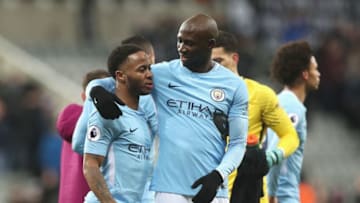 NEWCASTLE UPON TYNE, ENGLAND - DECEMBER 27: Raheem Sterling of Manchester City celebrates victory with Eliaquim Mangala of Manchester City after the Premier League match between Newcastle United and Manchester City at St. James' Park on December 27, 2017 in Newcastle upon Tyne, England. (Photo by Ian MacNicol/Getty Images)