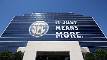 The Southeastern Conference logo is shown on the Hyatt Regency Birmingham-The Winfrey Hotel during SEC media days at Hyatt Regency Birmingham-The Winfrey Hotel. Mandatory Credit: Jason Getz-USA TODAY Sports