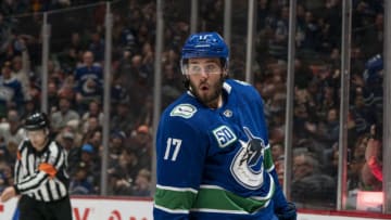 VANCOUVER, BC - DECEMBER 01: Josh Leivo #17 of the Vancouver Canucks celebrates after scoring a goal against the Edmonton Oiler during NHL action at Rogers Arena on December 1, 2019 in Vancouver, Canada. (Photo by Rich Lam/Getty Images)