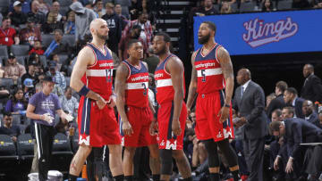 SACRAMENTO, CA - MARCH 10: Marcin Gortat #13, Bradley Beal #3, John Wall #2 and Markieff Morris #5 of the Washington Wizards face off against the Sacramento Kings on March 10, 2017 at Golden 1 Center in Sacramento, California. NOTE TO USER: User expressly acknowledges and agrees that, by downloading and or using this photograph, User is consenting to the terms and conditions of the Getty Images Agreement. Mandatory Copyright Notice: Copyright 2017 NBAE (Photo by Rocky Widner/NBAE via Getty Images)