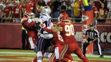 Sep 29, 2014; Kansas City, MO, USA; New England Patriots tight end Rob Gronkowski (87) catches a touchdown pass against the Kansas City Chiefs in the second half at Arrowhead Stadium. Kansas City won 41-14. Mandatory Credit: John Rieger-USA TODAY Sports