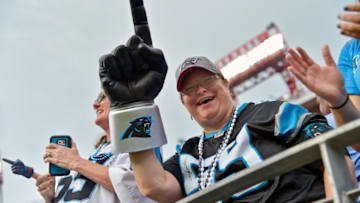 Aug 20, 2016; Nashville, TN, USA; Carolina Panthers fan Brenda Chipman of Charlotte North Carolina celebrates her team defeating the Tennessee Titans during the second half at Nissan Stadium. Carolina won 26-16. Mandatory Credit: Jim Brown-USA TODAY Sports