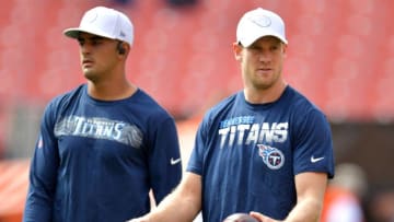 CLEVELAND, OHIO - SEPTEMBER 08: Quarterbacks Ryan Tannehill #17 and Marcus Mariota #8 of the Tennessee Titans warm up on the field before playing in the game against the Cleveland Browns at FirstEnergy Stadium on September 08, 2019 in Cleveland, Ohio. (Photo by Jason Miller/Getty Images)