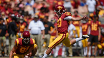 Sep 1, 2018; Los Angeles, CA, USA; Southern California Trojans placekicker Chase McGrath (40) kicks a field goal during the first half against the UNLV Rebels at Los Angeles Memorial Coliseum. Mandatory Credit: Kelvin Kuo-USA TODAY Sports