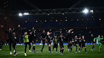 Juventus players acknowledge the public at the end of the Italian Serie A football match between Sampdoria and Juventus on March 12, 2022 at the Luigi-Ferraris stadium in Genoa, Liguria. (Photo by Marco BERTORELLO / AFP) (Photo by MARCO BERTORELLO/AFP via Getty Images)