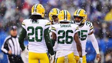 EAST RUTHERFORD, NEW JERSEY - DECEMBER 01: Kevin King #20, Adrian Amos #31, Ibraheim Campbell #35 and Darnell Savage #26 of the Green Bay Packers react during the first half of their game against the New York Giants at MetLife Stadium on December 01, 2019 in East Rutherford, New Jersey. (Photo by Emilee Chinn/Getty Images)