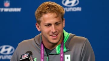 Feb 25, 2016; Indianapolis, IN, USA; California quarterback Jared Goff speaks to the media during the 2016 NFL Scouting Combine at Lucas Oil Stadium. Mandatory Credit: Trevor Ruszkowski-USA TODAY Sports