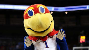Mar 24, 2016; Louisville, KY, USA; The Kansas Jayhawks mascot performs during the second half against the Maryland Terrapins in a semifinal game in the South regional of the NCAA Tournament at KFC YUM!. Mandatory Credit: Aaron Doster-USA TODAY Sports