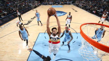 MEMPHIS, TN - JANUARY 21: Jahlil Okafor #8 of the New Orleans Pelicans drives to the basket during the game against the Memphis Grizzlies on January 21, 2019 at FedExForum in Memphis, Tennessee. NOTE TO USER: User expressly acknowledges and agrees that, by downloading and or using this photograph, User is consenting to the terms and conditions of the Getty Images License Agreement. Mandatory Copyright Notice: Copyright 2019 NBAE (Photo by Joe Murphy/NBAE via Getty Images)