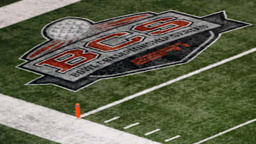 NEW ORLEANS, LA - JANUARY 03: The official Bowl Championship Series logo is seen painted on the turf in the end zone as the Virginia Tech Hokies play against the Michigan Wolverines during the Allstate Sugar Bowl at Mercedes-Benz Superdome on January 3, 2012 in New Orleans, Louisiana. (Photo by Kevin C. Cox/Getty Images)