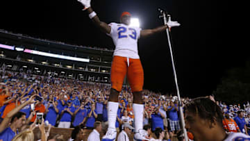 STARKVILLE, MS - SEPTEMBER 29: Chauncey Gardner-Johnson #23 of the Florida Gators celebrates a win over Mississippi State Bulldogs at Davis Wade Stadium on September 29, 2018 in Starkville, Mississippi. (Photo by Jonathan Bachman/Getty Images)