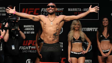 SAO PAULO, BRAZIL - SEPTEMBER 21: Sergio Moraes of Brazil poses on the scale during the UFC Fight Night weigh-in at Ibirapuera Gymnasium on September 21, 2018 in Sao Paulo, Brazil. (Photo by Buda Mendes/Zuffa LLC/Zuffa LLC via Getty Images)