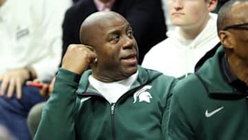 Feb 9, 2019; East Lansing, MI, USA; Michigan State Spartans former player Magic Johnson sits in the stands during the first half of a game between the Michigan State Spartans and the Minnesota Golden Gophers at the Breslin Center. Mandatory Credit: Mike Carter-USA TODAY Sports