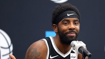 NEW YORK, NEW YORK - SEPTEMBER 27: Kryie Irving #11 of the Brooklyn Nets speaks to media during Brooklyn Nets Media Day at HSS Training Center on September 27, 2019 in the Brooklyn Borough of New York City. NOTE TO USER: User expressly acknowledges and agrees that, by downloading and or using this photograph, User is consenting to the terms and conditions of the Getty Images License Agreement. (Photo by Mike Lawrie/Getty Images)