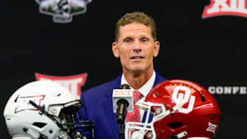 Jul 14, 2022; Arlington, TX, USA; Oklahoma Sooners head coach Brent Venables is interviewed during the Big 12 Media Day at AT&T Stadium. Mandatory Credit: Jerome Miron-USA TODAY Sports