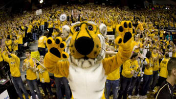 COLUMBIA, MO - FEBRUARY 04: Truman the Tiger pumps up the crowd before a game between the Missouri Tigers and the Kansas Jayhawks the first half at Mizzou Arena on February 4, 2012 in Columbia, Missouri. (Photo by Ed Zurga/Getty Images)