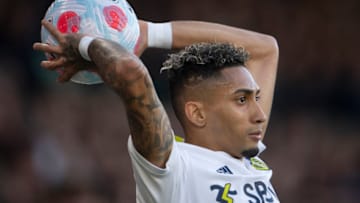 LEEDS, ENGLAND - MAY 11: Raphinha of Leeds United takes a throw in during the Premier League match between Leeds United and Chelsea at Elland Road on May 11, 2022 in Leeds, United Kingdom. (Photo by Visionhaus/Getty Images)