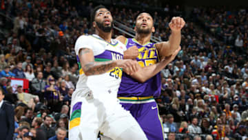 SALT LAKE CITY, UT - MARCH 4: Anthony Davis #23 of the New Orleans Pelicans and Rudy Gobert #27 of the Utah Jazz fight for the rebound on March 4, 2019 at vivint.SmartHome Arena in Salt Lake City, Utah. NOTE TO USER: User expressly acknowledges and agrees that, by downloading and or using this Photograph, User is consenting to the terms and conditions of the Getty Images License Agreement. Mandatory Copyright Notice: Copyright 2019 NBAE (Photo by Melissa Majchrzak/NBAE via Getty Images)