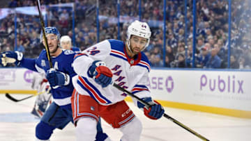 TAMPA, FL - NOVEMBER 02: New York Rangers center Boo Nieves (24) is defended by Tampa Bay Lightning right wing Ryan Callahan (24) during an NHL game between the New York Rangers and the Tampa Bay Lightning on November 02, 2017 at Amalie Arena in Tampa, FL. The Rangers defeated the Lightning 2-1 in overtime. (Photo by Roy K. Miller/Icon Sportswire via Getty Images)