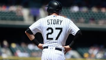 Jun 26, 2016; Denver, CO, USA; Colorado Rockies shortstop Trevor Story (27) during in the ninth inning against the Arizona Diamondbacks at Coors Field. The Rockies won 9-7. Mandatory Credit: Ron Chenoy-USA TODAY Sports
