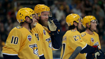 Mattias Ekholm #14 of Nashville Predators reacts during the 2022 NHL Global Series Challenge Series Czech Republic between Nashville Predators and San Jose Sharks at O2 Arena on October 07, 2022 in Prague, Czech Republic. (Photo by Martin Rose/Getty Images)