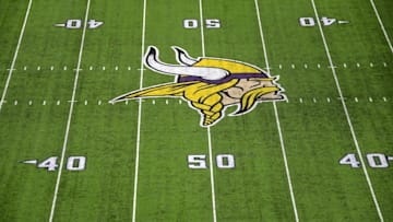 Sep 1, 2016; Minneapolis, MN, USA; General view of the Minnesota Vikings logo at midfield during a NFL game against the Los Angeles Rams at U.S. Bank Stadium. Mandatory Credit: Kirby Lee-USA TODAY Sports