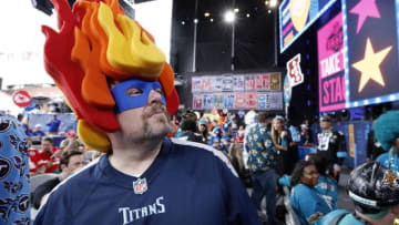NASHVILLE, TN - APRIL 25: A Tennessee Titans fan gets ready for the first round of the NFL Draft on April 25, 2019 in Nashville, Tennessee. (Photo by Joe Robbins/Getty Images)