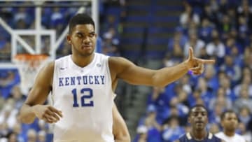 Nov 23, 2014; Lexington, KY, USA; Kentucky Wildcats forward Karl-Anthony Towns (12) reacts toward the bench during the game against the Montana State Bobcats in the second half at Rupp Arena. Kentucky defeated Montana State 86-28. Mandatory Credit: Mark Zerof-USA TODAY Sports