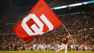 NORMAN, OK - NOVEMBER 23: A Ruf/Nek parades the Oklahoma Sooners flag around the field after a touchdown against the TCU Horned Frogs on November 23, 2019 at Gaylord Family Oklahoma Memorial Stadium in Norman, Oklahoma. OU held on to win 28-24. (Photo by Brian Bahr/Getty Images)