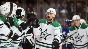 TORONTO, ON - NOVEMBER 1: Devin Shore #17 of the Dallas Stars celebrates his goal against the Toronto Maple Leafs during the third period at the Scotiabank Arena on November 1, 2018 in Toronto, Ontario, Canada. (Photo by Mark Blinch/NHLI via Getty Images)