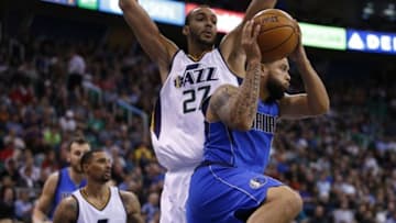 Nov 2, 2016; Salt Lake City, UT, USA; Dallas Mavericks guard Deron Williams (8) looks to pass against Utah Jazz center Rudy Gobert (27) in the second quarter at Vivint Smart Home Arena. Mandatory Credit: Jeff Swinger-USA TODAY Sports