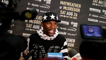 NEW YORK, NY - JULY 13: Floyd Mayweather Jr. speaks to media during the Floyd Mayweather Jr. v Conor McGregor World Press Tour event at Barclays Center on July 13, 2017 in the Brooklyn borough of New York City. (Photo by Mike Lawrie/Getty Images)