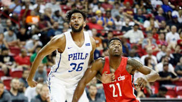 LAS VEAGS, NV - JULY 9: Jonah Bolden #36 of the Philadelphia 76ers and Carrick Felix #21 of the Washington Wizards battles for position during the 2018 Las Vegas Summer League on July 9, 2018 at the Thomas & Mack Center in Las Vegas, Nevada. NOTE TO USER: User expressly acknowledges and agrees that, by downloading and/or using this Photograph, user is consenting to the terms and conditions of the Getty Images License Agreement. Mandatory Copyright Notice: Copyright 2018 NBAE (Photo by Chris Elise/NBAE via Getty Images)