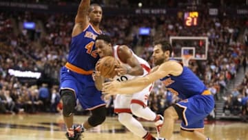 Nov 10, 2015; Toronto, Ontario, CAN; Toronto Raptors guard DeMar DeRozan (10) goes to the basket against New York Knicks guard Jose Calderon (3) at Air Canada Centre. The Knicks beat the Raptors 111-109. Mandatory Credit: Tom Szczerbowski-USA TODAY Sports