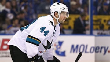 May 17, 2016; St. Louis, MO, USA; San Jose Sharks defenseman Marc-Edouard Vlasic (44) against the St. Louis Blues in game two of the Western Conference Final of the 2016 Stanley Cup Playoff at Scottrade Center. The Sharks won 4-0. Mandatory Credit: Aaron Doster-USA TODAY Sports