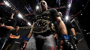 NEW YORK, NY - NOVEMBER 04: Georges St-Pierre of Canada celebrates his submission victory over Michael Bisping of England in their UFC middleweight championship bout during the UFC 217 event inside Madison Square Garden on November 4, 2017 in New York City. (Photo by Brandon Magnus/Zuffa LLC/Zuffa LLC via Getty Images)