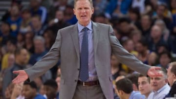 January 14, 2015; Oakland, CA, USA; Golden State Warriors head coach Steve Kerr reacts during the second quarter against the Miami Heat at Oracle Arena. Mandatory Credit: Kyle Terada-USA TODAY Sports
