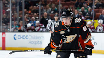 ANAHEIM, CA - MARCH 3: Troy Terry #61 of the Anaheim Ducks waits for a face-off during the third period of the game against the Colorado Avalanche at Honda Center on March 3, 2019 in Anaheim, California. (Photo by Foster Snell/NHLI via Getty Images)