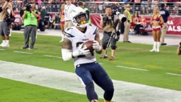 Sep 8, 2014; Glendale, AZ, USA; San Diego Chargers running back Ryan Mathews (24) makes a 20 yard touchdown during the second half against the Arizona Cardinals at University of Phoenix Stadium. Mandatory Credit: Matt Kartozian-USA TODAY Sports