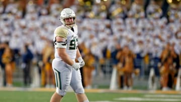 MORGANTOWN, WV - OCTOBER 25: James Lynch #93 of the Baylor Bears celebrates after a sack in the first half against the West Virginia Mountaineers at Mountaineer Field on October 25, 2018 in Morgantown, West Virginia. (Photo by Justin K. Aller/Getty Images)