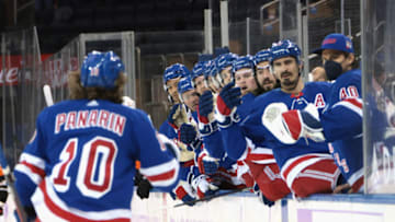 Mar 15, 2021; New York, New York, USA; Artemi Panarin #10 of the New York Rangers celebrates his second period goal against the Philadelphia Flyers at Madison Square Garden on March 15, 2021 in New York City. Mandatory Credit: Bruce Bennett/POOL PHOTOS-USA TODAY Sports