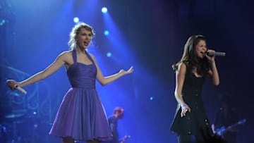 NEW YORK, NY - NOVEMBER 22: Taylor Swift and Selena Gomez perform onstage during the 'Speak Now World Tour' at Madison Square Garden on November 22, 2011 in New York City. Taylor Swift wrapped up the North American leg of her SPEAK NOW WORLD TOUR with two sold-out shows at Madison Square Garden this week. In 2011, the tour played to capacity crowds in stadiums and arenas over 98 shows in 17 countries spanning three continents, and will continue in 2012 with shows Australia and New Zealand. (Photo by Larry Busacca/Getty Images)