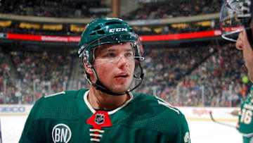 ST. PAUL, MN - MARCH 25: Kevin Fiala #22 of the Minnesota Wild takes a breather during a game with the Nashville Predators at Xcel Energy Center on March 25, 2019 in St. Paul, Minnesota. (Photo by Bruce Kluckhohn/NHLI via Getty Images)