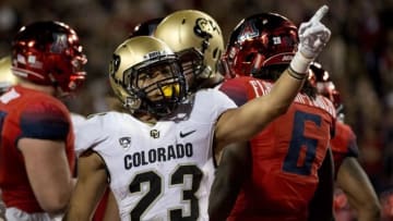 Nov 12, 2016; Tucson, AZ, USA; Colorado Buffaloes running back Phillip Lindsay (23) celebrates after scoring a touchdown against the Arizona Wildcats during the first quarter at Arizona Stadium. Mandatory Credit: Casey Sapio-USA TODAY Sports