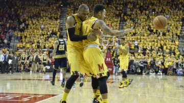 Feb 21, 2016; College Park, MD, USA; Maryland Terrapins guard Rasheed Sulaimon (0) and guard Jaylen Brantley (1) celebrate after defeating the Michigan Wolverines 86-82 at Xfinity Center. Mandatory Credit: Tommy Gilligan-USA TODAY Sports