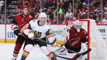 GLENDALE, ARIZONA - OCTOBER 10: Paul Stastny #26 of the Vegas Golden Knights sets up in front of goaltender Darcy Kuemper #35 of the Arizona Coyotes during the second period of the NHL game at Gila River Arena on October 10, 2019 in Glendale, Arizona. (Photo by Christian Petersen/Getty Images)