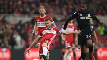 MIDDLESBROUGH, ENGLAND - MAY 12: Ben Gibson of Middlesbrough in action during the Sky Bet Championship Play Off Semi Final:First Leg match between Middlesbrough and Aston Villa at Riverside Stadium on May 12, 2018 in Middlesbrough, England. (Photo by Stu Forster/Getty Images)